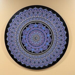 Luxury hand painted mandala Wall Art– 60 cm. Violet & Silver. Wooden panel.
